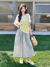 黄色刺繍キャミソールとチェックのワイドパンツ【夏の学院風・短袖】（セットアップ対応）