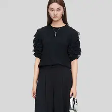 夏用レトロデザインのラッフルスリーブTシャツ【丸首・不規則デザイン】