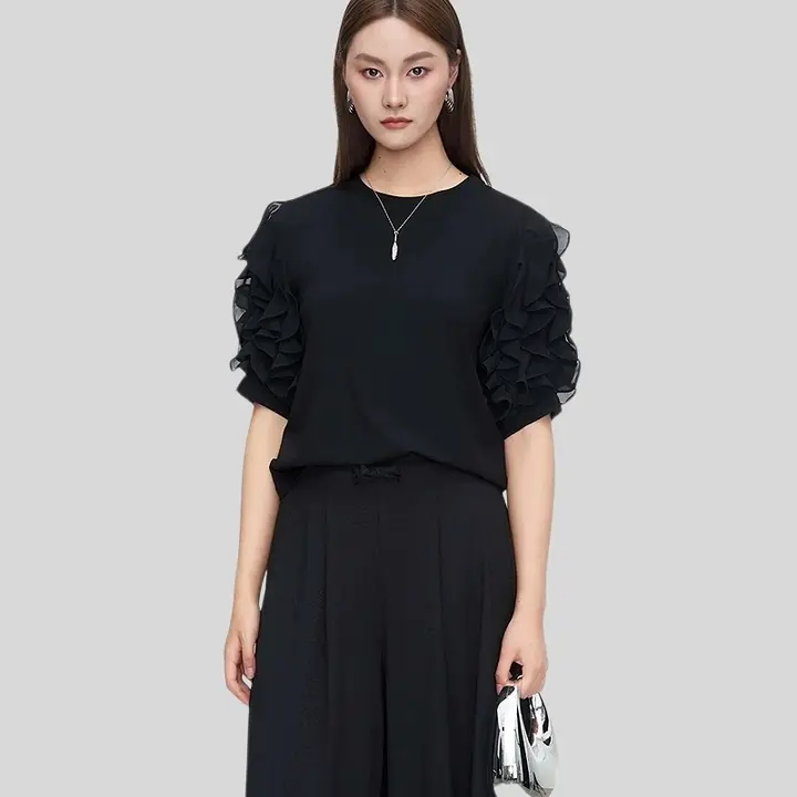 夏用レトロデザインのラッフルスリーブTシャツ【丸首・不規則デザイン】