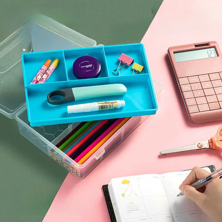 健桦 R770 2層透明プラスチック収納ボックス【デュアルロック・美術用スケッチ鉛筆ケース・調整可能な仕切り付き】