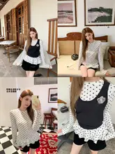 波点デザインのフリル付き長袖Tシャツとニットベスト【秋向け・韓国風】（セットアップ対応）