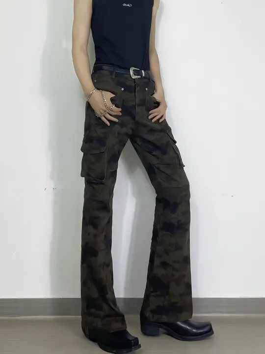 美式復古迷彩デザインの工装パンツ【細身・レッグライン強調・男女共用・マーメイドデザイン】（セットアップ対応）