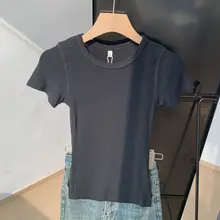 白色デザインの無地ショート丈フィットネスTシャツ【ウエストシェイプ・ショートスリーブ】