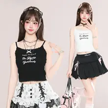 キャミソール レディース 英字プリント レーストリム 蝶結び タイト ギャル 夏 トレンド 「XUNXI」
