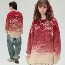 赤い雲柄ニットセーター【秋冬用・メンズ・ゆったりシルエット・中華風デザイン】