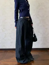 美式レトロ風3タックストライプカジュアルパンツ【Aライン・黒・ワイドレッグ】（セットアップ対応）