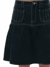 ポケット付き分割プリーツデザインデニムスカート【春用・復古風・Aライン】（セットアップ対応）