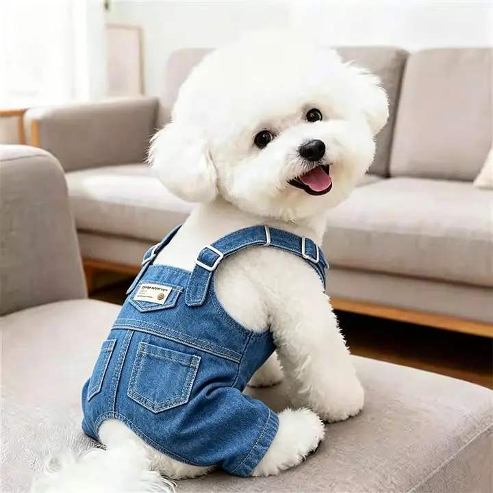 犬用 夏用薄手服【小型犬・デニムサロペット・四足】