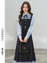 学院風シャツワンピース【ウエスト絞り・Aライン・長袖】（セットアップ対応）