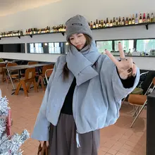 水彩風のブルー ダウンジャケット【冬用・白鹅绒・ショート丈・スカーフ付き】