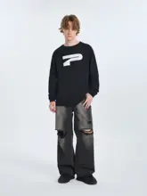 P字模様のプリント長袖Tシャツ【クルーネック・メンズ・ゆったりデザイン】