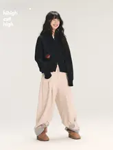 フルーツデザインのチェック柄パッチワークコーデュロイパンツ【ストレート・フィット】