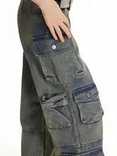 ユニセックス古着風ワイドレッグデニムパンツ【多ポケット・ウォッシュブルー・ストリートスタイル】（セットアップ対応）