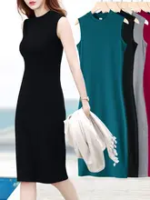 リブハーフハイネックノースリーブワンピース【夏用・フィット感ある中長丈】