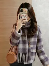 冬用 ダブルフェイス ウールポケットデザイン チェック柄 ショートコート【極上の柔らかさ・トレンディなシルエット・カジュアルスタイル】