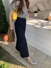 ダークブルーのハイウエストストレートパンツ【九分丈・フィット・秋冬用】