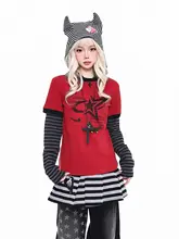 レトロなストライプ柄の長袖Tシャツ【軽やか・女性用・ルーズフィット・重ね着風】（セットアップ対応）