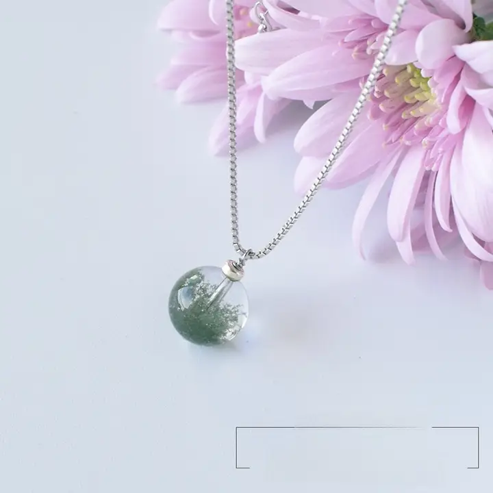 天然緑幽霊のペンダント【S925純銀・シンプルなクリスタルビーズ・ロングネックレス】