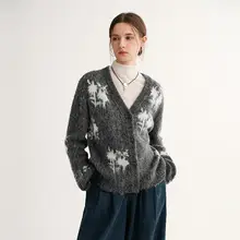 ニットカーディガン レディース モヘア ジャカード編み バイカラー ふわふわ ルーズ あったか 秋冬「MSLAN」