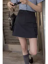 ハイウエストAラインスカート【グレー・夏用・小柄女性向け】