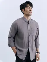 リネン長袖シャツ【白・ビジネスカジュアル・薄手・ゆったりシルエット・立襟】
