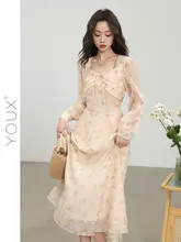 フレンチスタイルのAラインフラワープリントワンピース【春用・スクエアネック・女性用】（セットアップ対応）