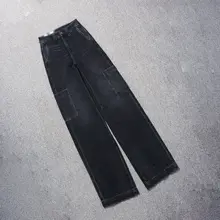 高腰デニム ワイドパンツ【ブラック・ロング丈・ストレートシルエット】