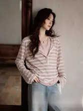 独特なデザインのピンクストライプ長袖Tシャツ【春用・韓国風・小柄向け】