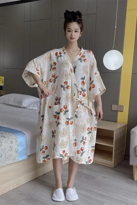 桜柄のゆったりサイズ レディース睡袍【コットンガーゼ・薄手・短袖】（セットアップ対応）