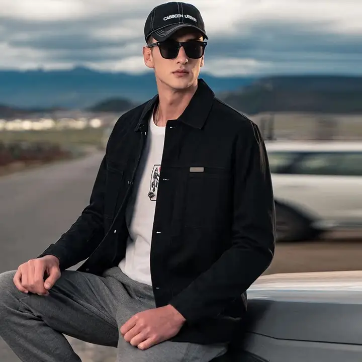 極上の柔らかさの純綿ワークジャケット【フラップカラー・カジュアル・ブラック】