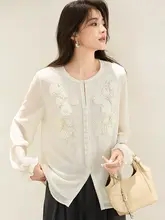 重工刺繍の長袖シフォンブラウス【フレンチスタイル・ラウンドネック】