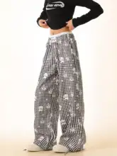 秋用カジュアルカートゥーンプリントワイドレッグパンツ【女性用・ボトムス・緩めのデザイン・ストレート・レイヤードスタイル対応】（セットアップ対応）