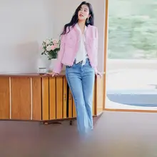 愛心ボタン付きスリムフィットデニムパンツ【毛羽立ち裾・サイドスリット・春用】（セットアップ対応）