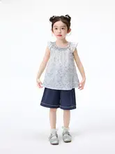 女の子用コットン製カジュアルフラワープリント上下セット【フリル袖・ストライプ・快適なショートパンツ】（セットアップ対応）