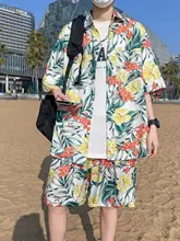 リゾートスタイル メンズ 半袖花柄シャツとショートパンツ【海辺の休日・速乾性・涼感】（セットアップ対応）