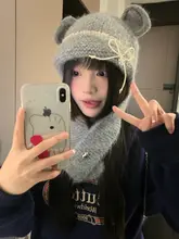 かわいいレースリボン付きクマ耳帽子【秋冬用・タートルネック・編み模様】