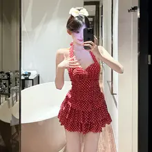 セクシーなハイネックワンピース水着【ドット柄・保守的デザイン・小胸をカバー】