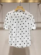 優雅なヴィンテージ風ドット柄シャツとハイウエストワイドパンツ【夏用・フレンチスタイル】（セットアップ対応）
