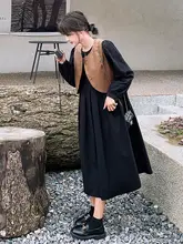 美しいエレガンス！春秋用 ブラックワンピースとベストのコーディネート【ハイセンス・長裙】（セットアップ対応）