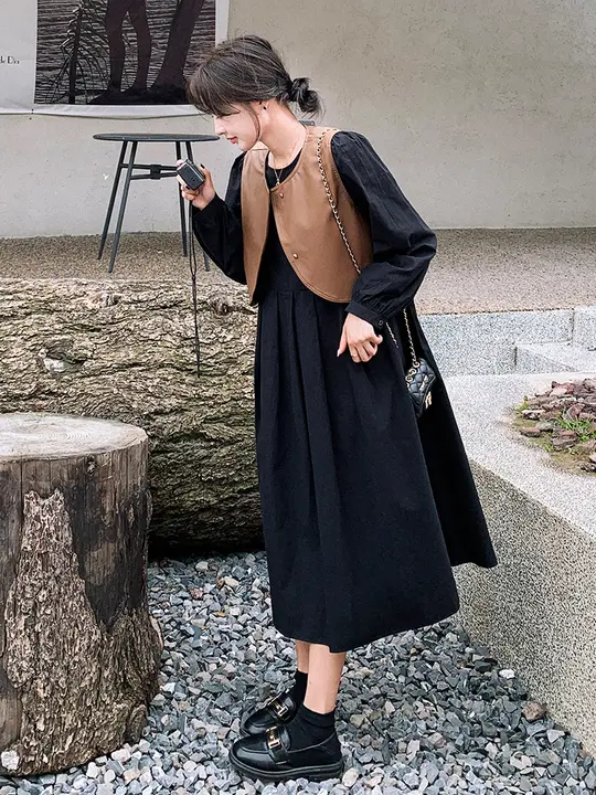 美しいエレガンス！春秋用 ブラックワンピースとベストのコーディネート【ハイセンス・長裙】（セットアップ対応）