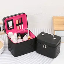 大容量ハンドル付きメイクボックス【PU製・ダイヤモンドキルティング・旅行用】