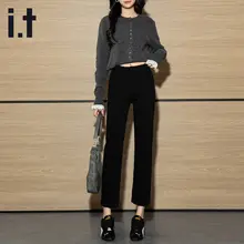 高腰ストレートデニムパンツ【女性用・黒・スリムフィット・九分丈】