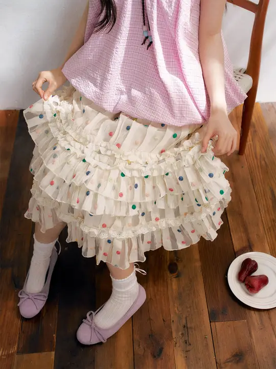 カラフルドットデザインのフリル付きメッシュスカート【夏用・女性用】