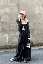 ワイドパンツ レディース スーツ生地 ブラック 薄手 ドレープ感 ハイウエスト ルーズ フロア丈 きれいめ 上品 カジュアル 秋冬