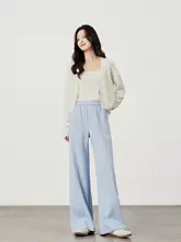 小柄さん向け ハイウエスト薄青ストレートパンツ【極上の柔らかさ・ワイドレッグ・フィット】（セットアップ対応）