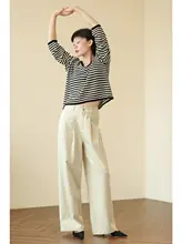 高腰でゆったりとしたデニム風の梨型体型カジュアルストレートパンツ【天絲と綿麻混合・秋用】（セットアップ対応）