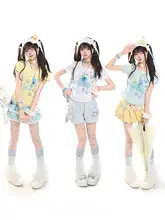 かわいいカートゥーンプリントのハングカラー半袖Tシャツ【夏用・ウエストシェイプ・女性用】