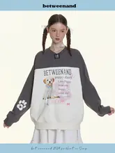 犬プリント Vネック カラーブロック スウェットシャツ【ゆったりシルエット・秋用】