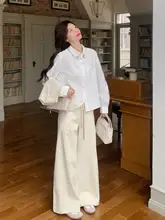 杏色 オシャレなスーツベストとカジュアルシャツ、スリムフィットのワイドパンツ【春秋用・女性用・セットアップ対応】