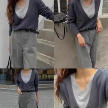 秋冬用100%ウールVネックニットトップス【フェイクレイヤード・トレンドデザイン】（セットアップ対応）